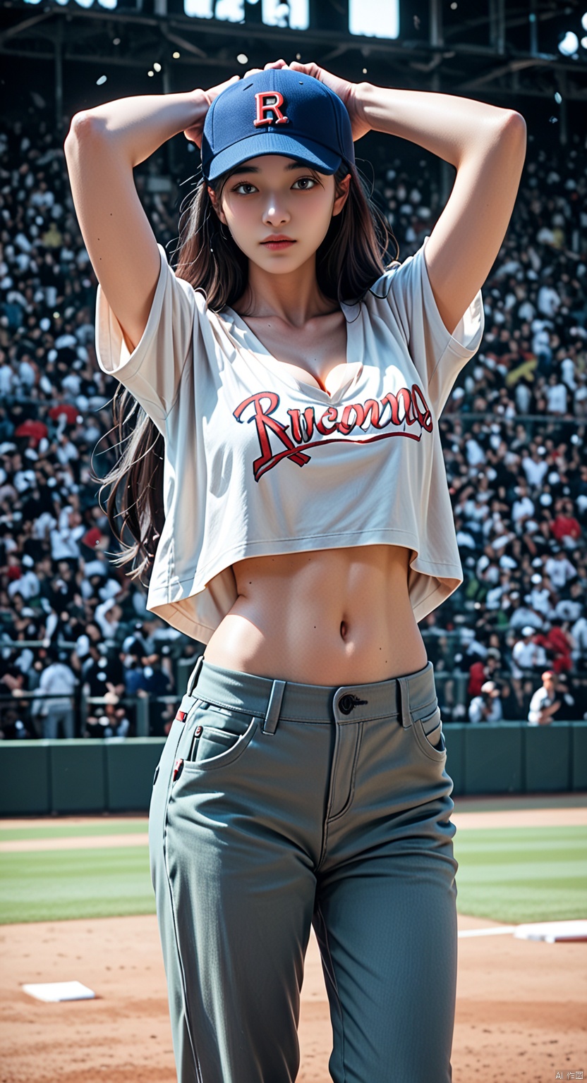 1 girl, solo, long hair, looking at the audience, shirt, black hair, hat, belly button, big chest, cleavage, abdomen, pants, arms up, baseball cap, realistic,score_9_up score_8_up score_7_up,
