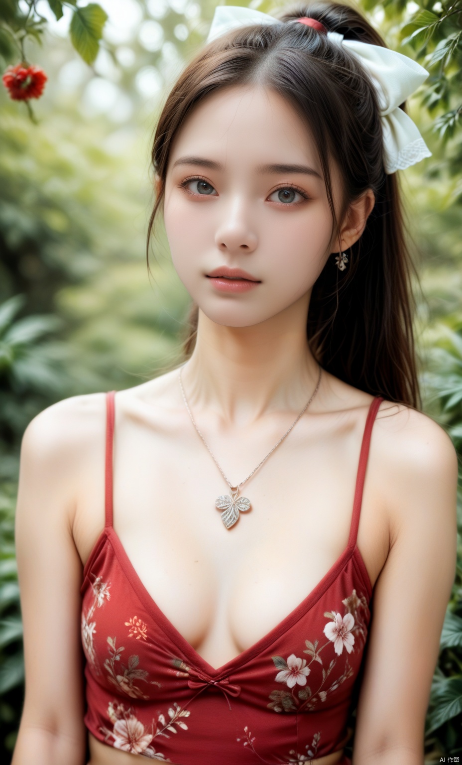a young Asian woman with long dark brown hair, wearing a red sleeveless blouse with a floral pattern. She is wearing a silver necklace that has a circle pendant hanging from it. The woman's hair is pulled back in a ponytail, with two white bows on the top of her head. The backdrop is blurred, with greenery in the background.,score_9 score_8_up score_7_up,,Sharp background
