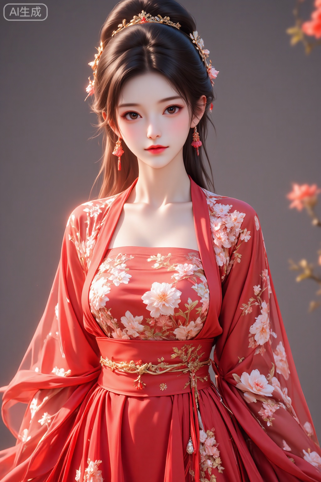 A girl, Beautiful Chinese girl in hanfu, The clothes is a striking red color adorned with intricate white floral patterns, featuring a mix of large and small flowers, and is cinched at the waist with a sash. 