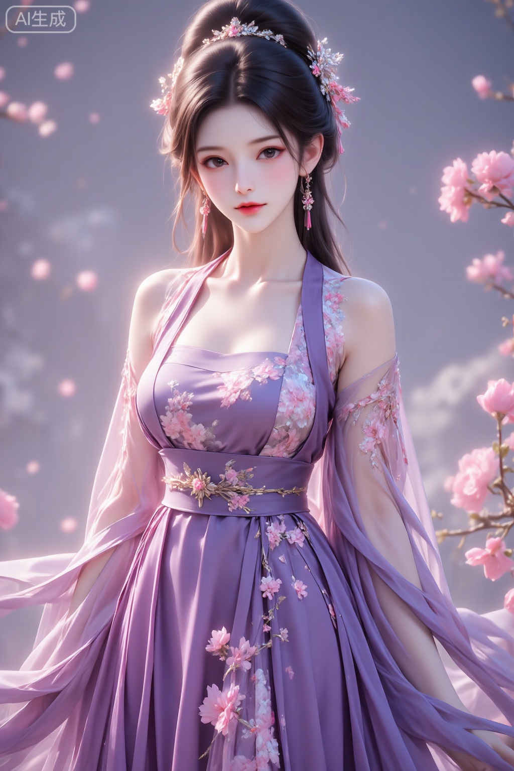 A girl, Beautiful Chinese girl in hanfu, She is dressed in an elaborate purple gown with intricate floral patterns. The dress features sheer sleeves with long, flowing fabric and a matching sheer overlay. Around her waist is a sash, possibly embellished with a flower or gemstone brooch, and the dress has a V-neckline. The overall color palette of the image is dominated by purples and pinks, creating a harmonious and dreamy aesthetic.