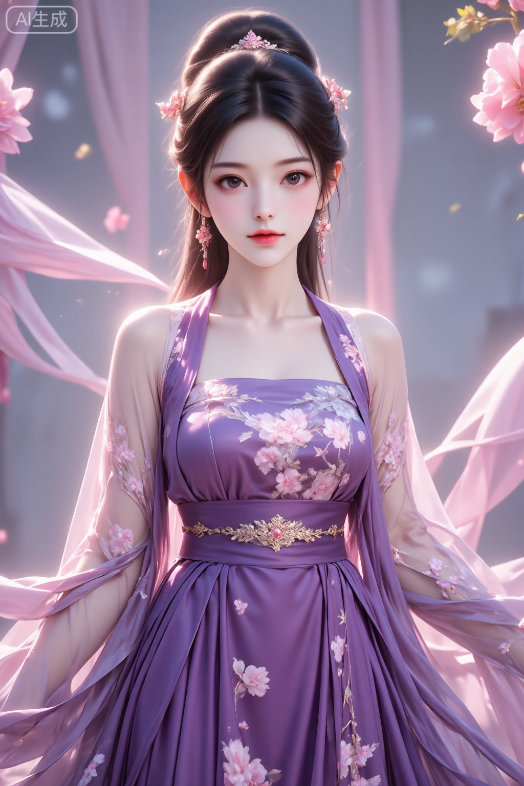 A girl, Beautiful Chinese girl in hanfu, She is dressed in an elaborate purple gown with intricate floral patterns. The dress features sheer sleeves with long, flowing fabric and a matching sheer overlay. Around her waist is a sash, possibly embellished with a flower or gemstone brooch, and the dress has a V-neckline. The overall color palette of the image is dominated by purples and pinks, creating a harmonious and dreamy aesthetic.