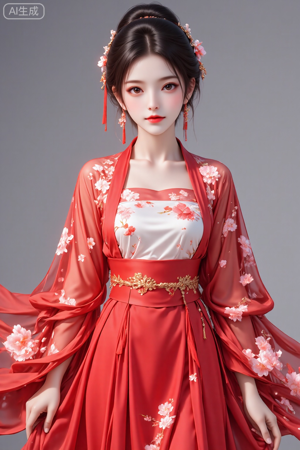 A girl, Beautiful Chinese girl in hanfu, The clothes is a striking red color adorned with intricate white floral patterns, featuring a mix of large and small flowers, and is cinched at the waist with a sash. 
