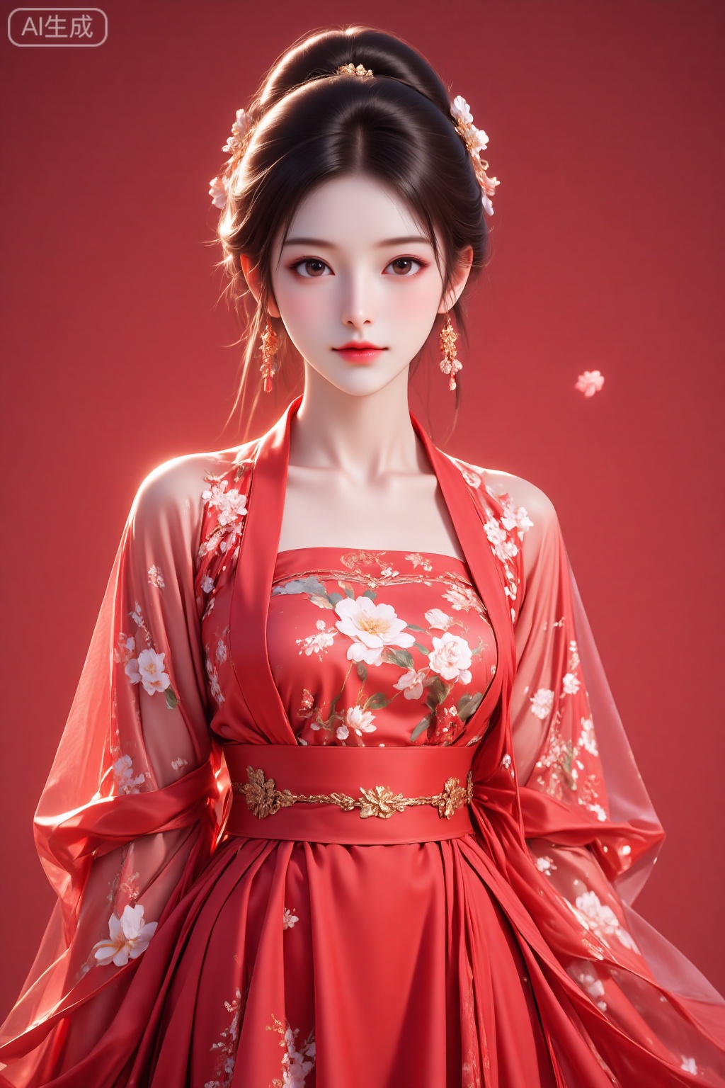 A girl, Beautiful Chinese girl in hanfu, The clothes is a striking red color adorned with intricate white floral patterns, featuring a mix of large and small flowers, and is cinched at the waist with a sash. 