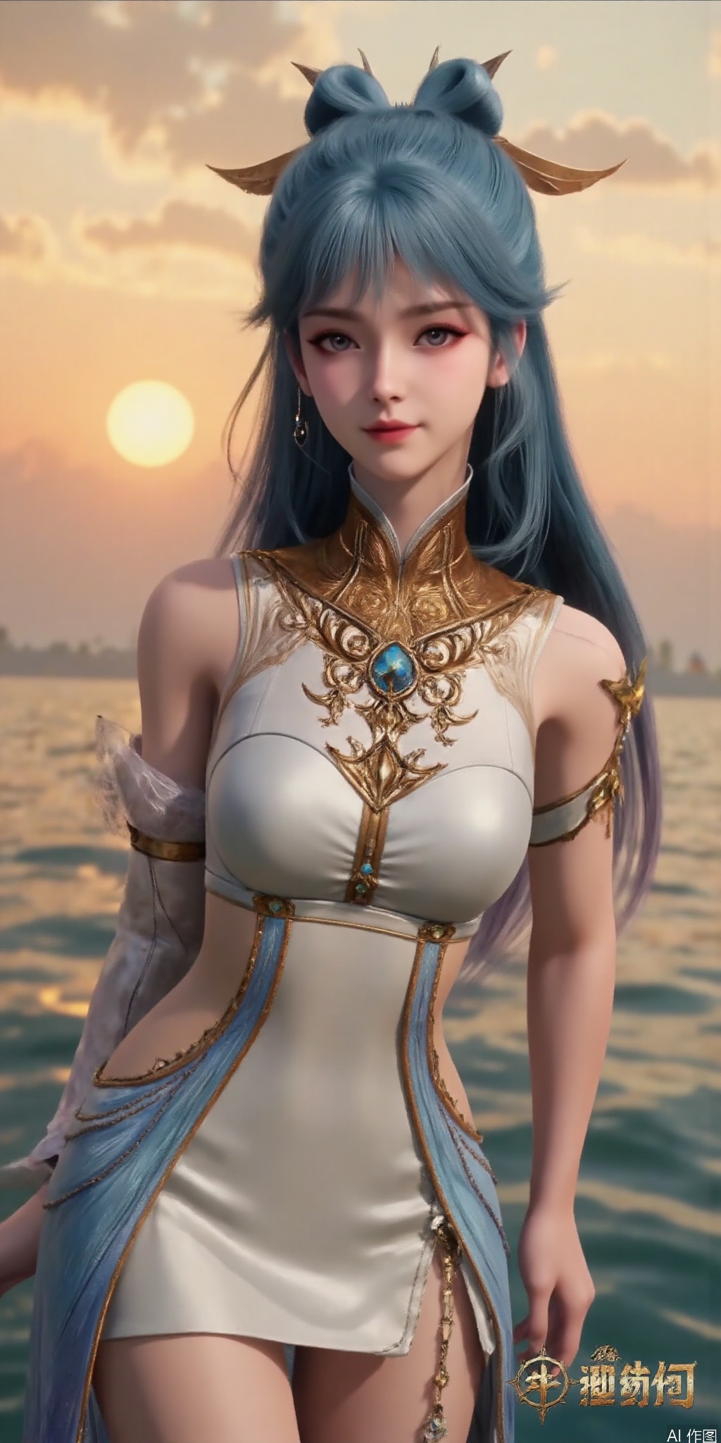 best quality, masterpiece, realistic,cowboy_shot,(Good structure), DSLR Quality,Depth of field,kind smile,looking_at_viewer,Dynamic pose, 1girl, solo, long hair, , looking at viewer, skirt, hair ornament, bare shoulders, jewelry, , , earrings, outdoors, midriff, water, necklace, lips, crop top, grey eyes, leaning forward, ocean, white skirt, strapless vest, sunset, sun,wangdonger,blue hair