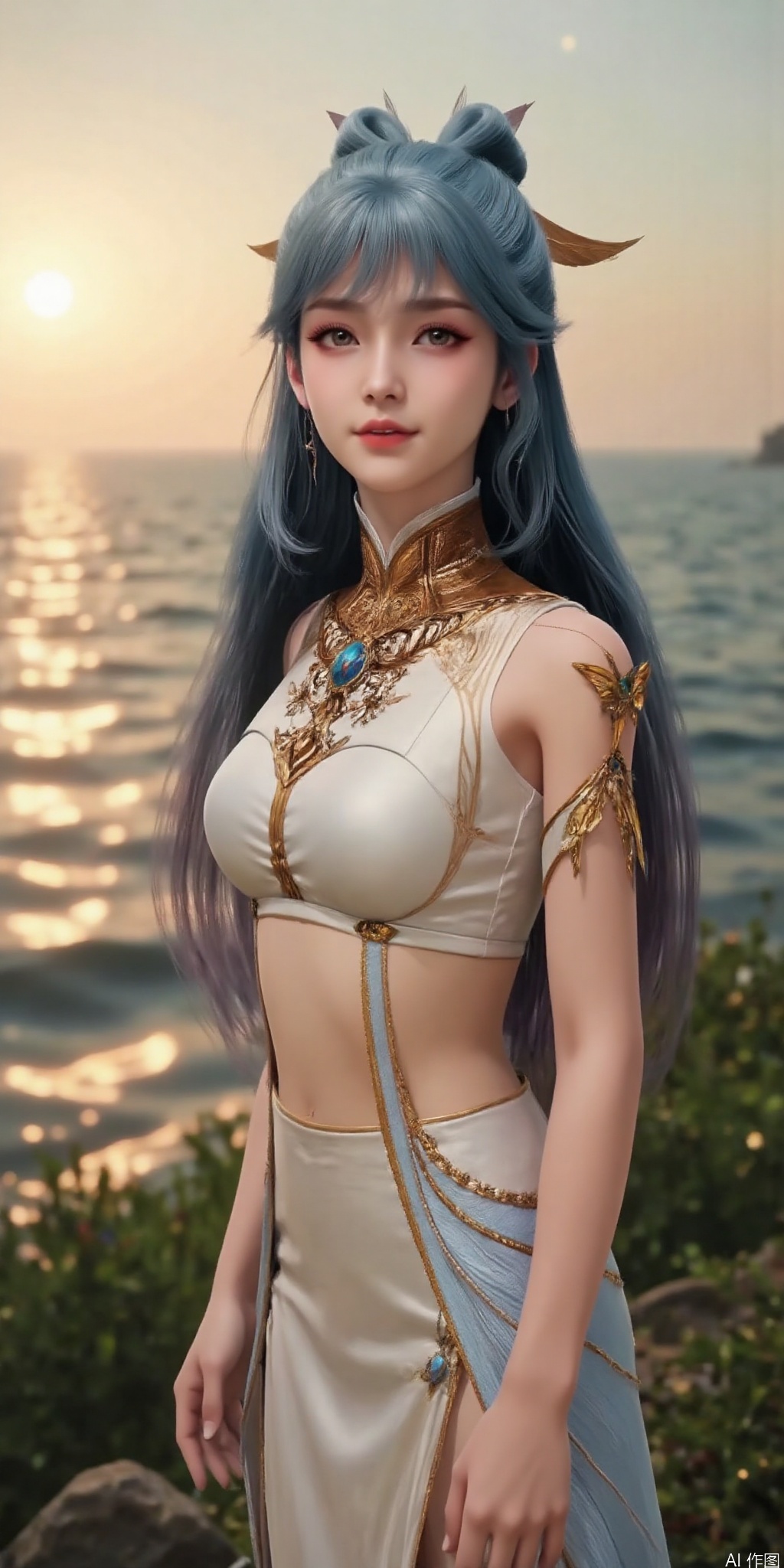surreal warm cinematic full body shot photography, Kodak Professional Portra 160, 1girl,looking_at_viewer,navel,, ,realistic,,pose for picture,Dynamic posture, ,良好解剖结构,真人肌肤纹理, 4K画质,完美身材, 
best quality, masterpiece, realistic,cowboy_shot,(Good structure), DSLR Quality,Depth of field,kind smile,looking_at_viewer,Dynamic pose, 1girl, solo, long hair, , looking at viewer, skirt, hair ornament, bare shoulders, jewelry, , , earrings, outdoors, midriff, water, necklace, lips, crop top, grey eyes, leaning forward, ocean, white skirt, strapless vest, sunset, sun,wangdonger,blue hair