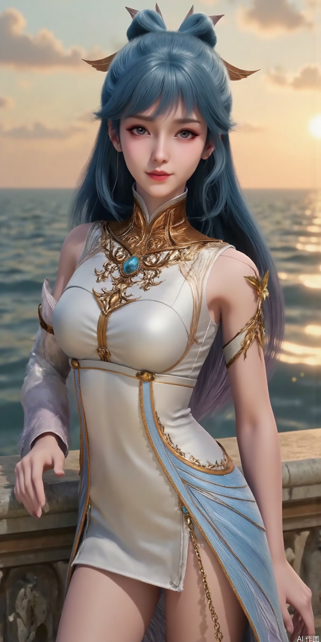 best quality, masterpiece, realistic,cowboy_shot,(Good structure), DSLR Quality,Depth of field,kind smile,looking_at_viewer,Dynamic pose, 1girl, solo, long hair, , looking at viewer, skirt, hair ornament, bare shoulders, jewelry, , , earrings, outdoors, midriff, water, necklace, lips, crop top, grey eyes, leaning forward, ocean, white skirt, strapless vest, sunset, sun,wangdonger,blue hair