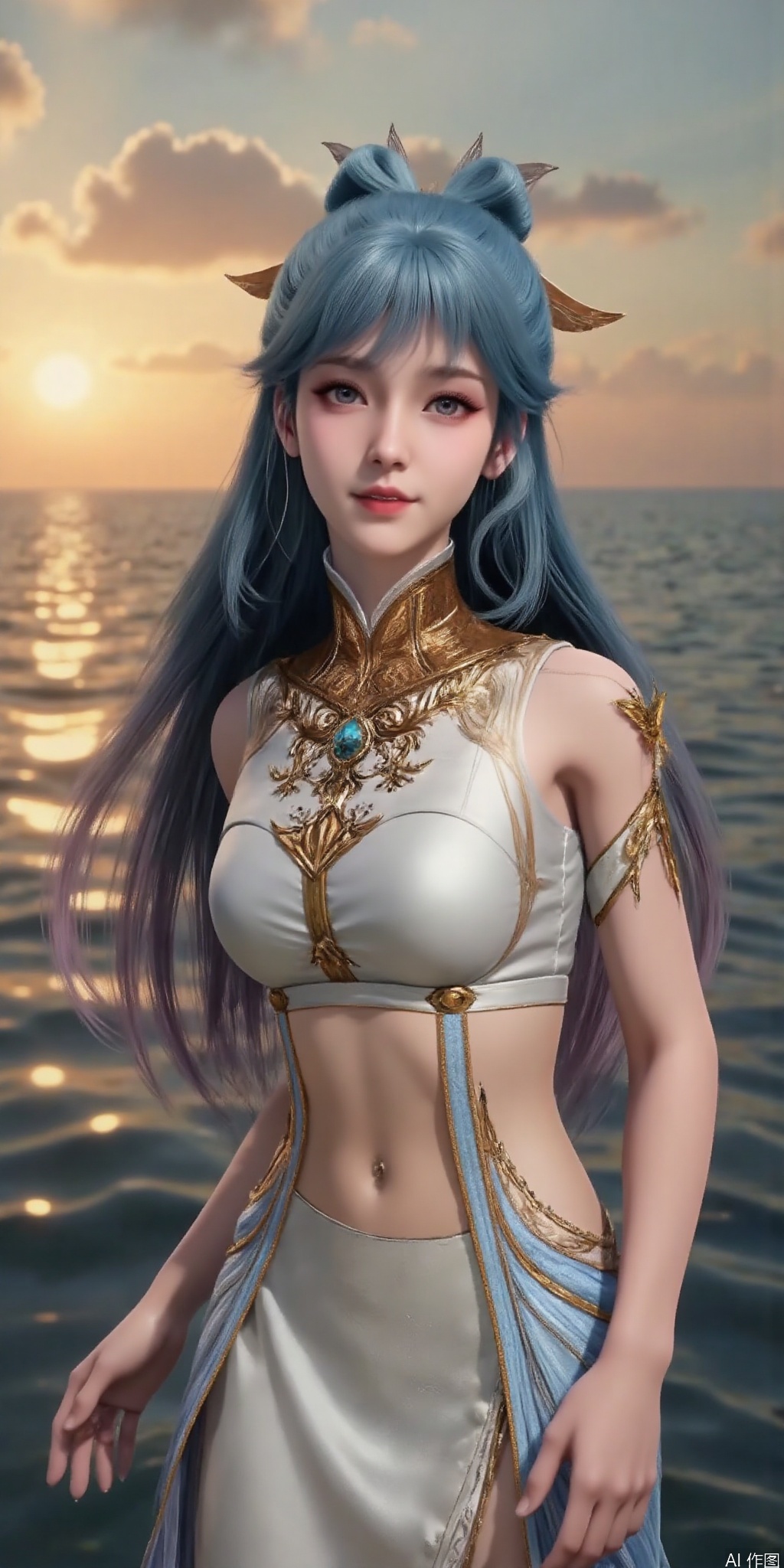 best quality, masterpiece, realistic,cowboy_shot,(Good structure), DSLR Quality,Depth of field,kind smile,looking_at_viewer,Dynamic pose, 1girl, solo, long hair, , looking at viewer, skirt, hair ornament, bare shoulders, jewelry, , , earrings, outdoors, midriff, water, necklace, lips, crop top, grey eyes, leaning forward, ocean, white skirt, strapless vest, sunset, sun,wangdonger,blue hair