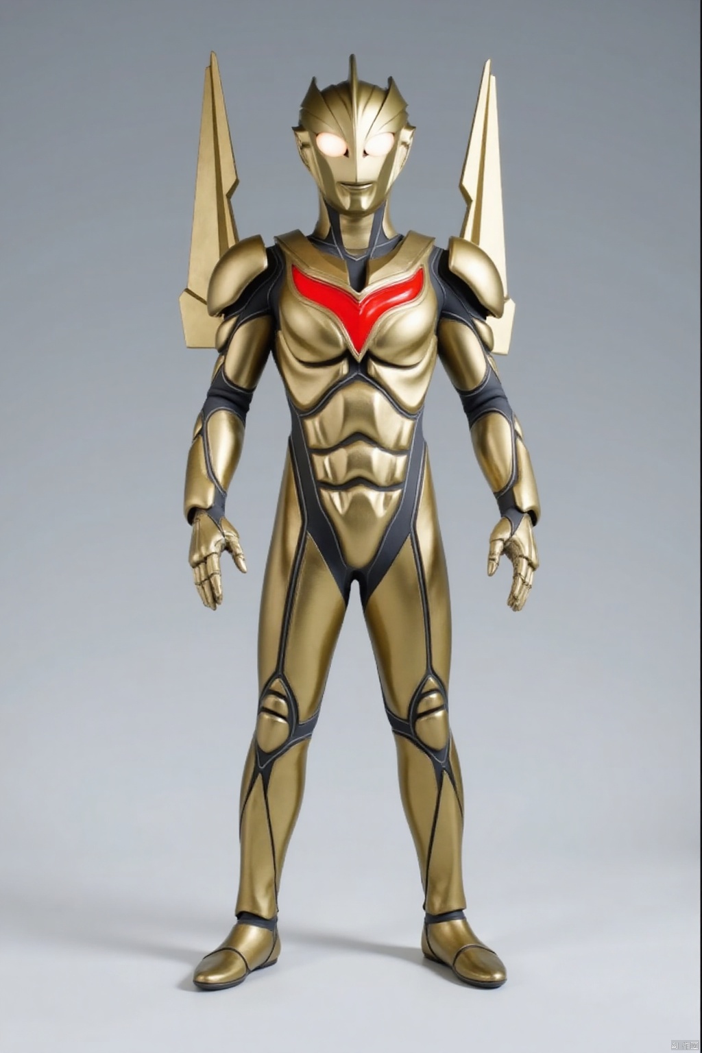 (grey background:1.2),looking at viewer,(SOLO:1.4),outline,simple background,full body,looking at viewer,(((arms at side))),ultraman noa,ultraman,golden bodysuit,golden gloves,legwear,gloves,boots,cover,mask,plugsuit,armor,bodysuit,black pattern on body,red pattern on body,golden tight-fitting,golden footwear,helmet,leather suit,latex,tokusatsu,no humans,science fiction,golden head,hard mask,no smile,no eyes,no nose,solo,silver rubber bodysuit with grey line and black line,golden wings