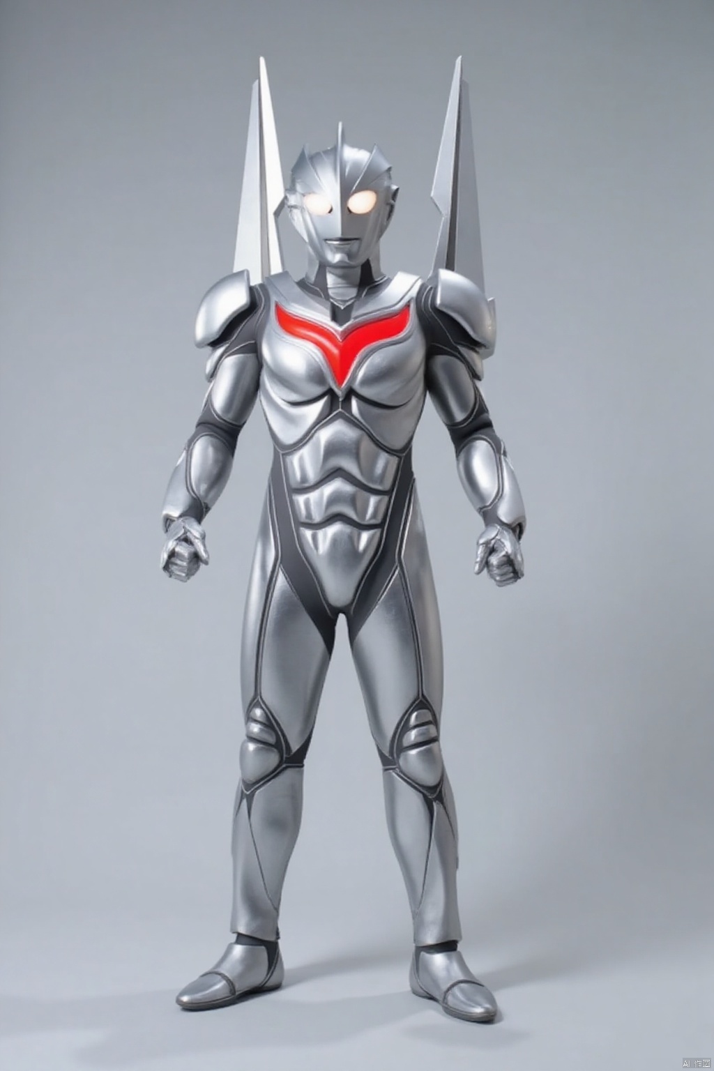 (grey background:1.2),looking at viewer,(SOLO:1.4),outline,simple background,full body,looking at viewer,(((arms at side))),ultraman noa,ultraman,silver bodysuit,silver gloves,legwear,gloves,boots,cover,mask,plugsuit,armor,bodysuit,black pattern on body,grey pattern on body,silver tight-fitting,silver footwear,helmet,leather suit,latex,tokusatsu,no humans,science fiction,silver head,hard mask,no smile,no eyes,no nose,solo,silver rubber bodysuit with grey line and black line,silver wings