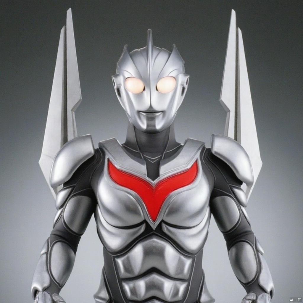 ultraman noa,ultraman,silver bodysuit,silver gloves,legwear,gloves,boots,cover,mask,plugsuit,armor,bodysuit,black pattern on body,grey pattern on body,silver tight-fitting,silver footwear,helmet,leather suit,latex,tokusatsu,no humans,science fiction,silver head,hard mask,no smile,no eyes,no nose,solo,silver rubber bodysuit with grey line and black line,silver wings