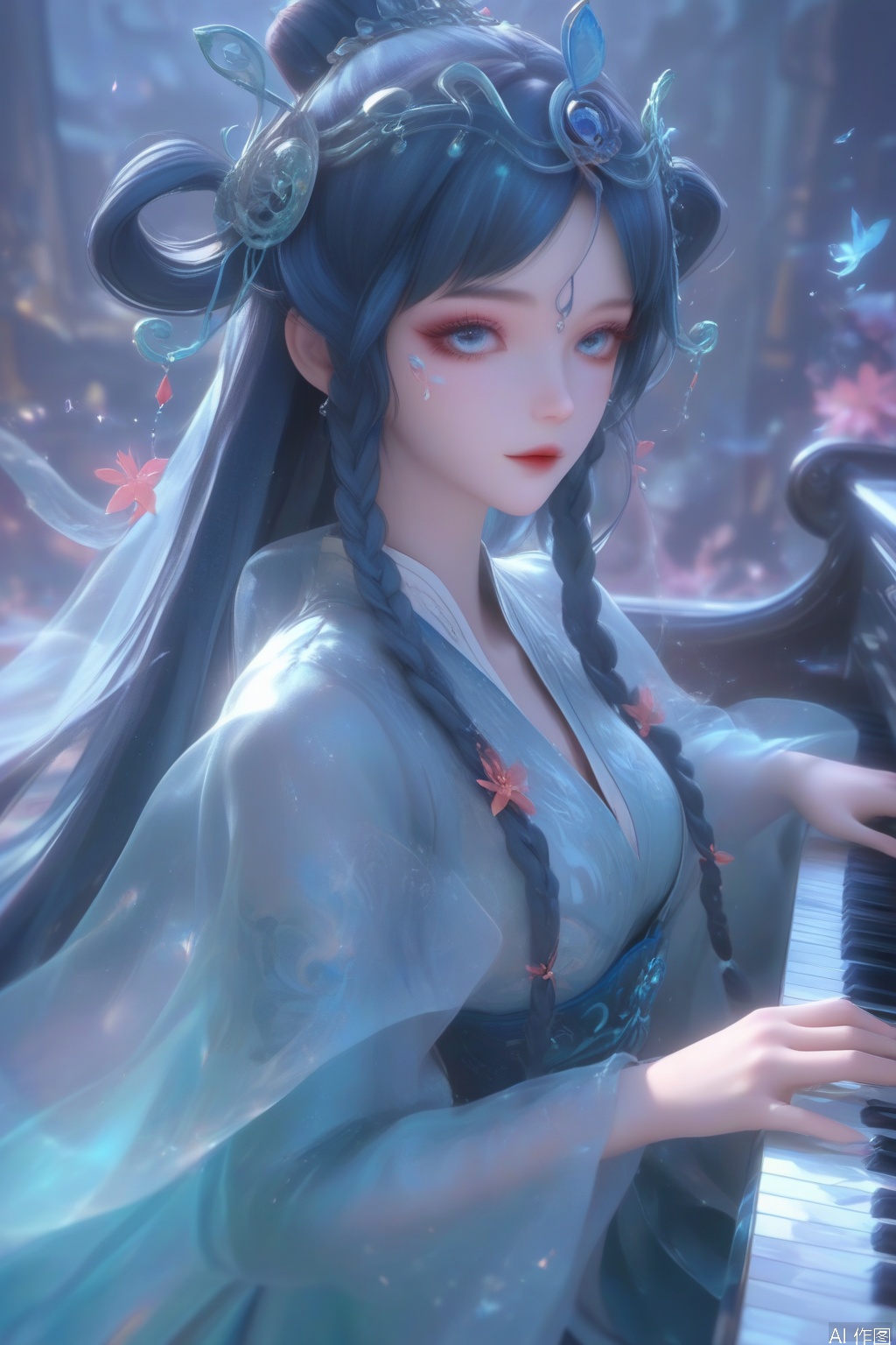 score_9,score_8_up,score_7_up,1girl,solo,long hair,looking at viewer,blue eyes,hair ornament,hair rings,,blue hair,braid,flower,twin braids,makeup,facial mark,forehead mark,flower,blue dress,chinese clothes,blurry background,piano,music,playing instrument,instrument,Musical Symbol,Musical notation,