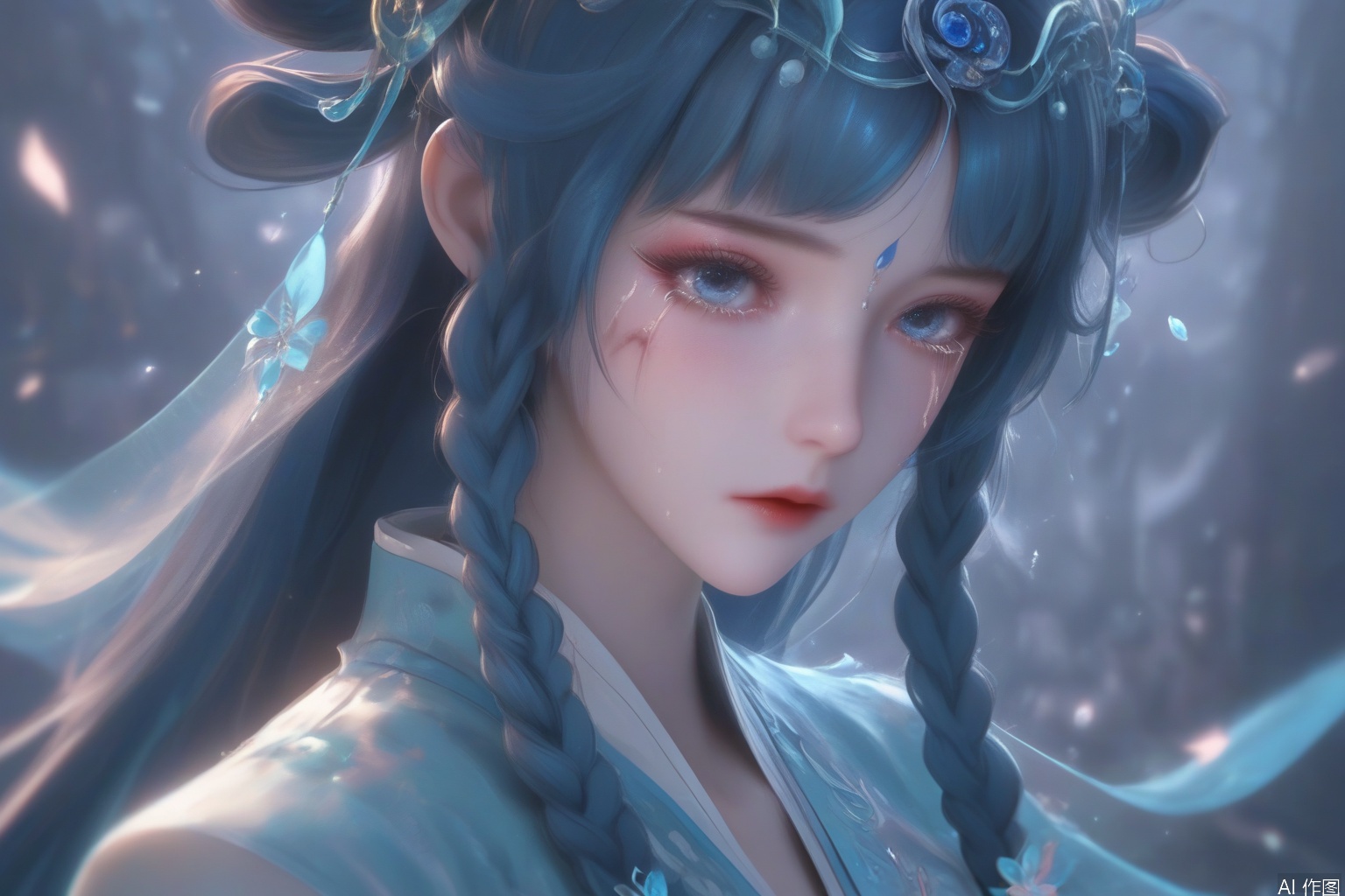 black theme,score_9,score_8_up,score_7_up,1girl,solo,long hair,looking at viewer,blue eyes,hair ornament,hair rings,,blue hair,braid,flower,twin braids,makeup,facial mark,forehead mark,flower,blue dress,chinese clothes,blurry background,music,Musical Symbol,multiple scars,scar,tears,tear,Tears,injury,sad,from side,Scars on the face,hime cut,upper body,
