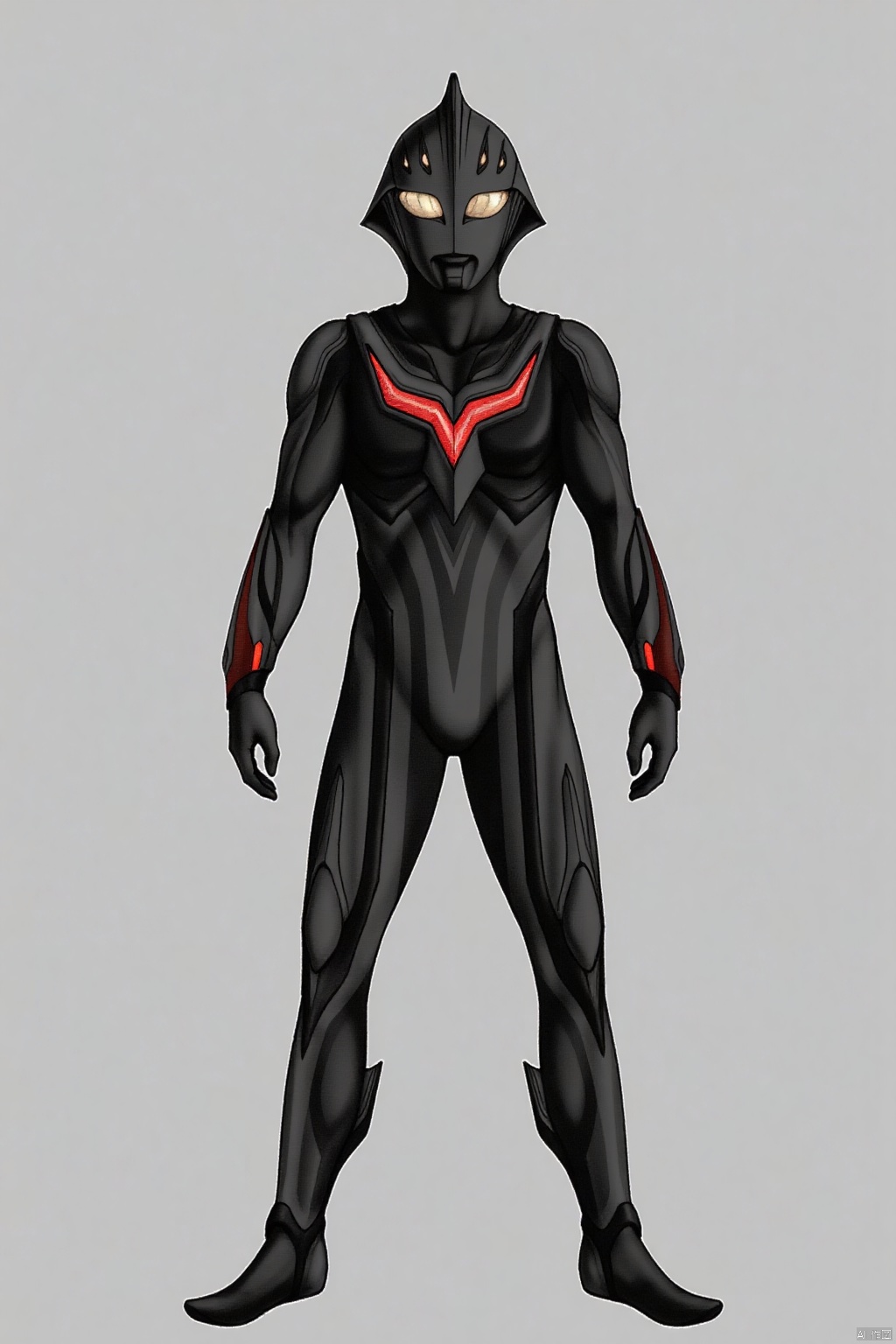 (grey background:1.2),(SOLO:1.4),outline,simple background,(((,standing,looking at viewer,arms at side))),ultraman_nexus,,ultraman,black bodysuit,black gloves,legwear,gloves,boots,cover,mask,plugsuit,armor,bodysuit,black tight-fitting,black footwear,helmet,leather suit,latex,tokusatsu,no humans,science fiction,hard mask,no smile,no eyes,no nose,solo,black rubber bodysuit ,(((black head,red eyes)))