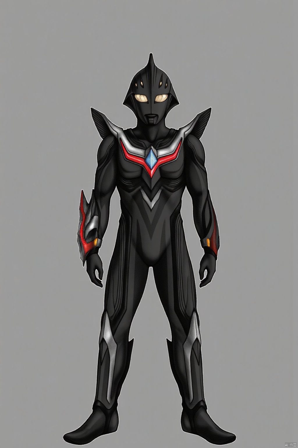 (grey background:1.2),(SOLO:1.4),outline,simple background,(((,standing,looking at viewer,arms at side))),ultraman_nexus,,ultraman,black bodysuit,black gloves,legwear,gloves,boots,cover,mask,plugsuit,armor,bodysuit,black tight-fitting,black footwear,helmet,leather suit,latex,tokusatsu,no humans,science fiction,hard mask,no smile,no eyes,no nose,solo,black rubber bodysuit ,(((black head,red eyes)))