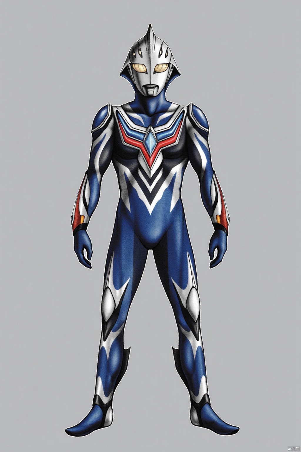 (grey background:1.2),looking at viewer,(SOLO:1.4),outline,simple background,full body,looking at viewer,(((arms at side))),ultraman_nexus,ultraman,bodysuit,gloves,legwear,boots,cover,mask,plugsuit,armor,bodysuit,pattern on body,tight-fitting,helmet,leather suit,latex,tokusatsu,no humans,science fiction,hard mask,no smile,no eyes,no nose,solo,rubber bodysuit with line,alien