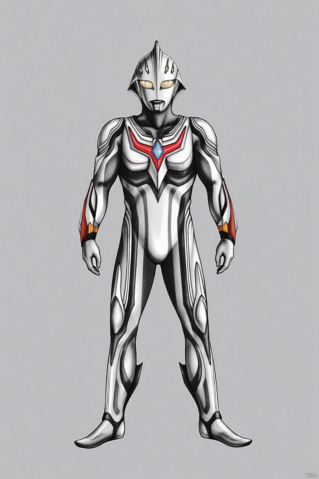 (grey background:1.2),looking at viewer,(SOLO:1.4),outline,simple background,full body,looking at viewer,(((arms at side))),ultraman_nexus,ultraman,bodysuit,gloves,legwear,boots,cover,mask,plugsuit,armor,bodysuit,pattern on body,tight-fitting,helmet,leather suit,latex,tokusatsu,no humans,science fiction,hard mask,no smile,no eyes,no nose,solo,rubber bodysuit with line,alien