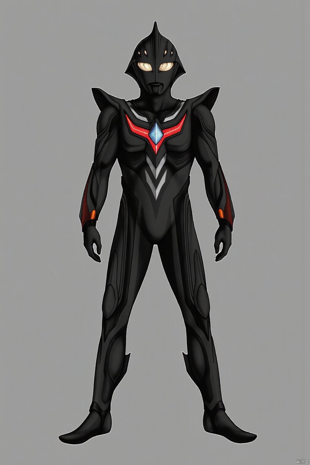 (grey background:1.2),(SOLO:1.4),outline,simple background,(((,standing,looking at viewer,arms at side))),ultraman_nexus,,ultraman,black bodysuit,black gloves,legwear,gloves,boots,cover,mask,plugsuit,armor,bodysuit,black tight-fitting,black footwear,helmet,leather suit,latex,tokusatsu,no humans,science fiction,hard mask,no smile,no eyes,no nose,solo,black rubber bodysuit ,(((black head,red eyes)))