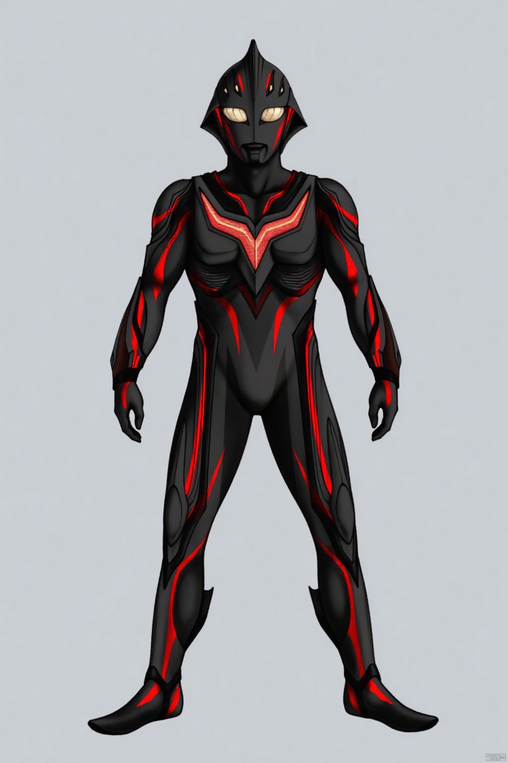 (grey background:1.2),(SOLO:1.4),outline,simple background,(((,standing,looking at viewer,arms at side))),ultraman_nexus,,ultraman,black bodysuit,black gloves,legwear,gloves,boots,cover,mask,plugsuit,armor,bodysuit,black tight-fitting,black footwear,helmet,leather suit,latex,tokusatsu,no humans,science fiction,hard mask,no smile,no eyes,no nose,solo,black rubber bodysuit ,(((black head,red eyes)))