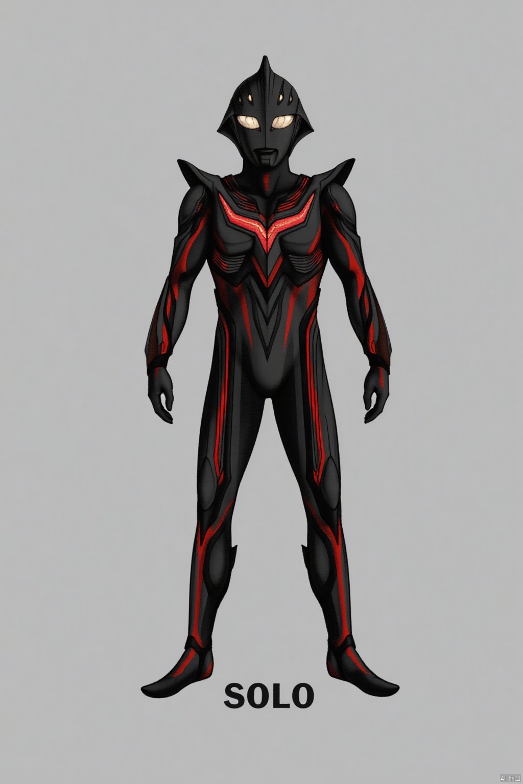 (grey background:1.2),(SOLO:1.4),outline,simple background,(((,standing,looking at viewer,arms at side))),ultraman,black bodysuit,black gloves,legwear,gloves,boots,cover,mask,plugsuit,armor,bodysuit,black tight-fitting,black footwear,helmet,leather suit,latex,tokusatsu,no humans,science fiction,hard mask,no smile,no eyes,no nose,solo,black rubber bodysuit ,(((black head,red eyes)))
