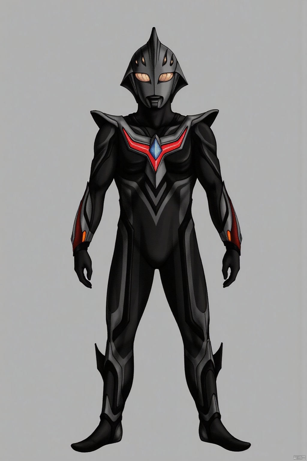 (grey background:1.2),(SOLO:1.4),outline,simple background,(((,standing,looking at viewer,arms at side))),ultraman,black bodysuit,black gloves,legwear,gloves,boots,cover,mask,plugsuit,armor,bodysuit,black tight-fitting,black footwear,helmet,leather suit,latex,tokusatsu,no humans,science fiction,hard mask,no smile,no eyes,no nose,solo,black rubber bodysuit ,(((black head,red eyes)))
