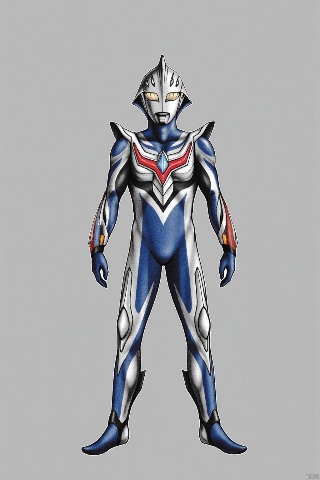 (grey background:1.2),looking at viewer,(SOLO:1.4),outline,simple background,full body,looking at viewer,(((arms at side))),ultraman_nexus,ultraman,bodysuit,gloves,legwear,boots,cover,mask,plugsuit,armor,bodysuit,pattern on body,tight-fitting,helmet,leather suit,latex,tokusatsu,no humans,science fiction,hard mask,no smile,no eyes,no nose,solo,rubber bodysuit with line,alien