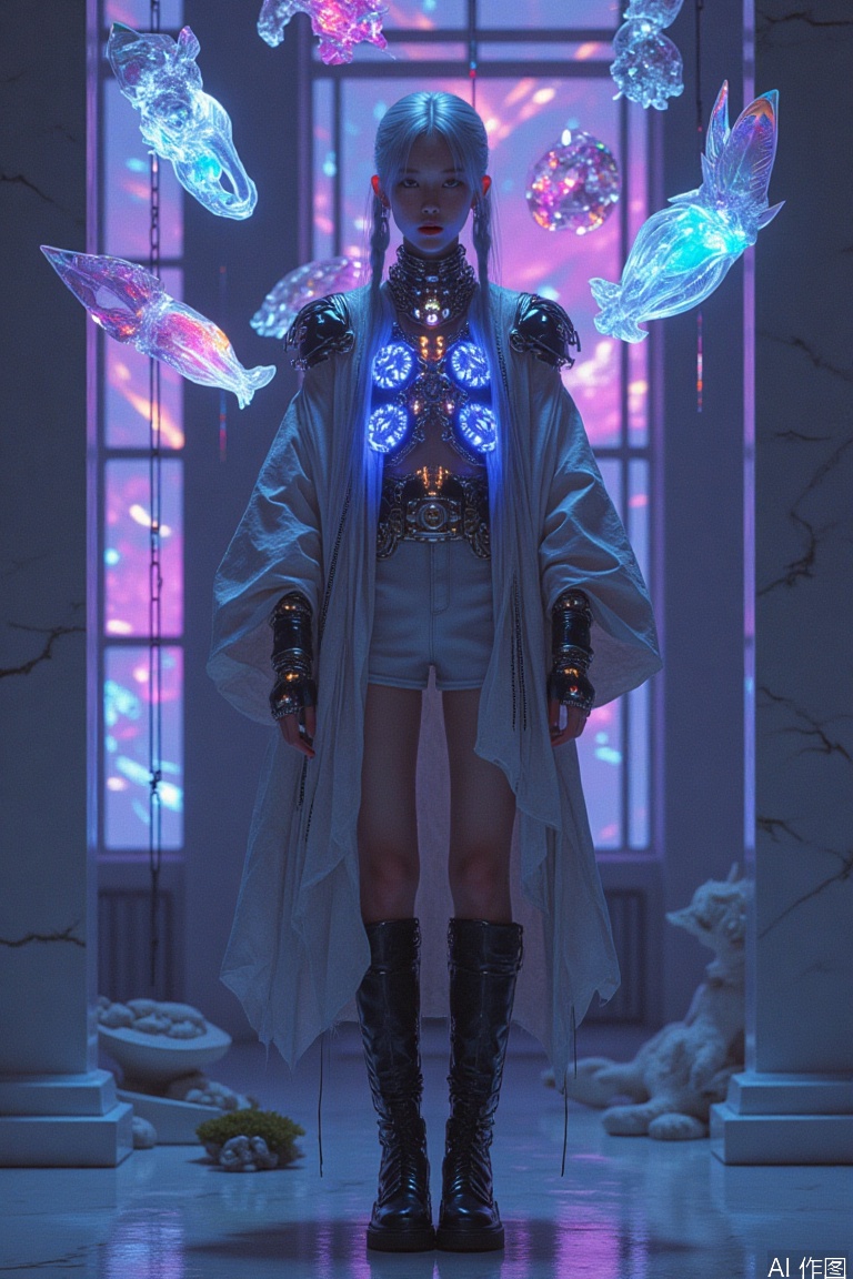 The full-body portrait is based on melting twilight, and the silver-haired girl is suspended in the void where the data torrent and ancient totems are intertwined. Neon blue hair is woven into fish bone braids hanging to the ankles, and micro-luminescent spores are condensed at the ends of each inch of hair, which jump between cobalt blue and crimson purple as your thinking fluctuates. The neck ring forged by meteorite extends twelve bionic nerve bundles, penetrating the biological fiber robe designed with the back, interwoven behind the waist to form a suspended energy totem, and the nanosymbols with liquid amber texture flow between the lines.

The armor-style sleeve wraps the slender arms, and the mechanical bones of gear biting are exposed at the elbow joints. The quantum bandage wrapped around the fingertips is constantly deconstructing and reorganizing, transforming into two forms: data flow dagger and holographic rose. The waist belt is inlaid with six prism-shaped energy storage crystals, refracting the moss forest floating in the miniature ecological cabin, forming a philosophical dialogue between organic and inorganic with the gradient transparent yarn hanging from the crotch.

The knee-length combat boots are made of anti-gravity material. The ion flow sprayed from the heel draws out the trajectory of the Klein bottle in the void. Twenty-eight miniature screens are embedded between the metal straps, and memory fragments in different parallel spaces are played in loops. When the left leg is bent, the dark-patterned leather armor on the outside of the thigh suddenly cracks, exposing the fluorescent code flowing in the subcutaneous tissue, forming a cruel and exquisite life form contrast with the completely mechanized calf of the right leg.

The broken white marble pillars and the suspended neon billboard in the background erode each other. The holographic light wheel behind the girl is swallowing the strokes of classical oil paintings. The binary nebula rotates deep in the iris reflects the birth and collapse of the entire digital civilization. The chain wrapped around the ankle is both a bond and a weapon. Each ring of the lock oscillates at high frequency between the entity and the data state, turning existence itself into a sharp blade that tears the space-time dimensions.