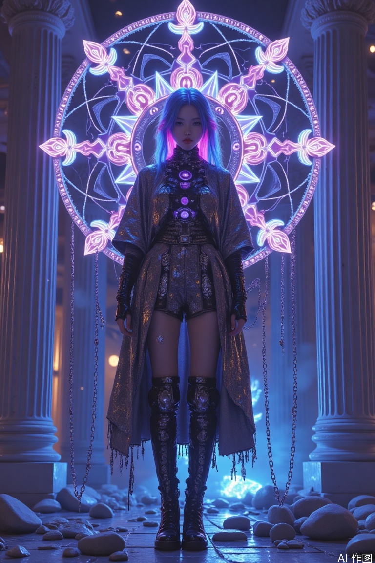 The full-body portrait is based on melting twilight, and the silver-haired girl is suspended in the void where the data torrent and ancient totems are intertwined. Neon blue hair is woven into fish bone braids hanging to the ankles, and micro-luminescent spores are condensed at the ends of each inch of hair, which jump between cobalt blue and crimson purple as your thinking fluctuates. The neck ring forged by meteorite extends twelve bionic nerve bundles, penetrating the biological fiber robe designed with the back, interwoven behind the waist to form a suspended energy totem, and the nanosymbols with liquid amber texture flow between the lines.

The armor-style sleeve wraps the slender arms, and the mechanical bones of gear biting are exposed at the elbow joints. The quantum bandage wrapped around the fingertips is constantly deconstructing and reorganizing, transforming into two forms: data flow dagger and holographic rose. The waist belt is inlaid with six prism-shaped energy storage crystals, refracting the moss forest floating in the miniature ecological cabin, forming a philosophical dialogue between organic and inorganic with the gradient transparent yarn hanging from the crotch.

The knee-length combat boots are made of anti-gravity material. The ion flow sprayed from the heel draws out the trajectory of the Klein bottle in the void. Twenty-eight miniature screens are embedded between the metal straps, and memory fragments in different parallel spaces are played in loops. When the left leg is bent, the dark-patterned leather armor on the outside of the thigh suddenly cracks, exposing the fluorescent code flowing in the subcutaneous tissue, forming a cruel and exquisite life form contrast with the completely mechanized calf of the right leg.

The broken white marble pillars and the suspended neon billboard in the background erode each other. The holographic light wheel behind the girl is swallowing the strokes of classical oil paintings. The binary nebula rotates deep in the iris reflects the birth and collapse of the entire digital civilization. The chain wrapped around the ankle is both a bond and a weapon. Each ring of the lock oscillates at high frequency between the entity and the data state, turning existence itself into a sharp blade that tears the space-time dimensions.