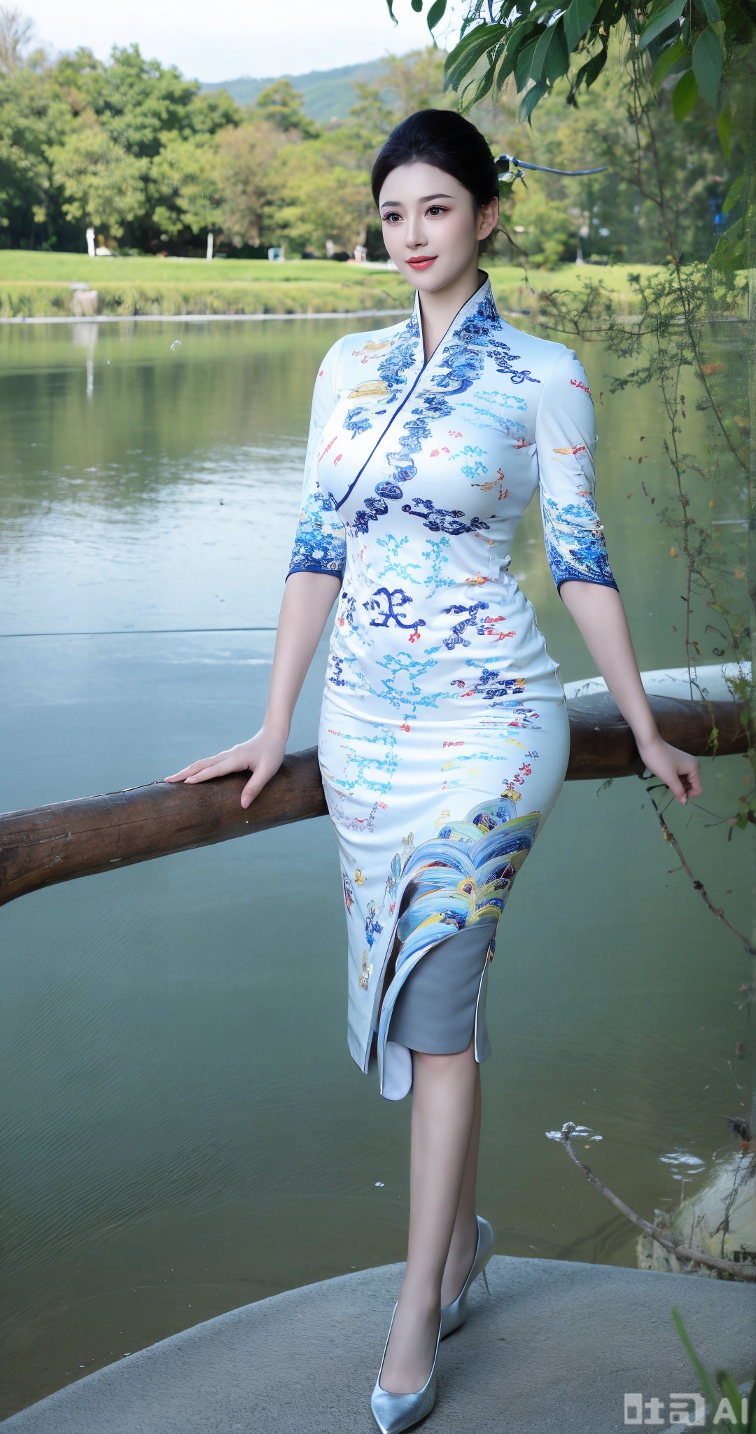 (masterpiece,best quality:1.23),A leggy beauty, wearing China Southern Airlines' characteristic national - style blue - and - white porcelain cheongsam flight attendant uniform, is located by a stream in the great outdoors surrounded by green mountains and clear waters. The cheongsam is tailored to fit her body, highlighting her graceful body curve. The blue - and - white porcelain patterns are simple and elegant, like a flowing scroll. She has a delicate oval face, slightly blushing cheeks, a straight nose, and rosy lips. Her eyes are like a clear spring, showing tenderness and a smile. She is wearing a pair of white flat - soled shoes, which match the uniform harmoniously. She turns slightly sideways, gazing at the gurgling stream. Beside her, weeping willows are swaying gently, with their branches moving in the wind. In the distance are rolling green mountains, and the sky is blue with a few white clouds floating,,(huge breasts, full breasts:1.38),Xmoxiongqipao,Xmingzhihanfu,Xsongzhihanfu,XyunxianY,XyunyunXYK,Xqhcqipao