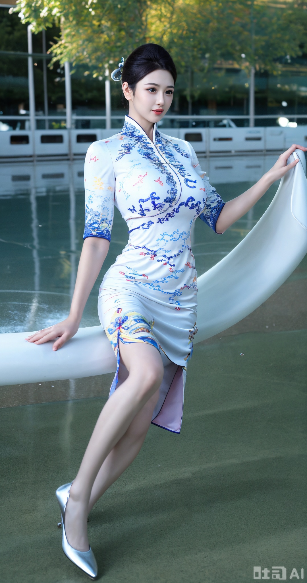 (masterpiece,best quality:1.23),A leggy beauty, wearing China Southern Airlines' characteristic national - style blue - and - white porcelain cheongsam flight attendant uniform, is located by a stream in the great outdoors surrounded by green mountains and clear waters. The cheongsam is tailored to fit her body, highlighting her graceful body curve. The blue - and - white porcelain patterns are simple and elegant, like a flowing scroll. She has a delicate oval face, slightly blushing cheeks, a straight nose, and rosy lips. Her eyes are like a clear spring, showing tenderness and a smile. She is wearing a pair of white flat - soled shoes, which match the uniform harmoniously. She turns slightly sideways, gazing at the gurgling stream. Beside her, weeping willows are swaying gently, with their branches moving in the wind. In the distance are rolling green mountains, and the sky is blue with a few white clouds floating,,(huge breasts, full breasts:1.38),Xmoxiongqipao,Xmingzhihanfu,Xsongzhihanfu,XyunxianY,XyunyunXYK,Xqhcqipao