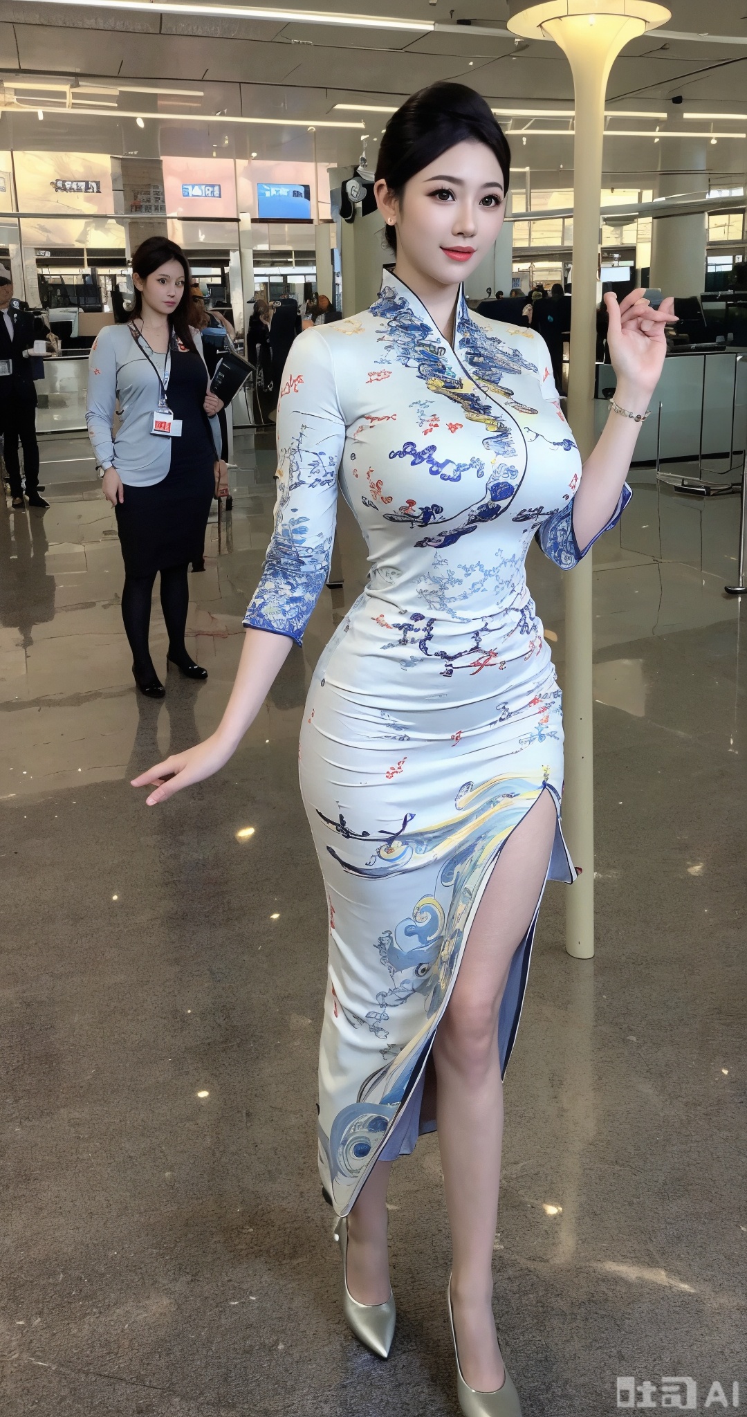 (masterpiece,best quality:1.23),A leggy beauty wearing China Southern Airlines' characteristic national - style blue - and - white porcelain cheongsam flight attendant uniform. The cheongsam is tailored to fit her body, highlighting her graceful body curve. The blue - and - white porcelain patterns are simple and elegant, like a flowing scroll. She has a delicate oval face, slightly blushing cheeks, a straight nose, and rosy lips. Her eyes are like a clear spring, showing tenderness and a smile. She is wearing a pair of black high - heeled shoes, making her legs look even longer. She walks gracefully in the waiting hall, surrounded by passengers coming and going. The waiting hall in the background is spacious and bright, decorated with Chinese - style elements such as red lanterns and traditional screens,,(huge breasts, full breasts:1.38),Xmoxiongqipao,Xmingzhihanfu,Xsongzhihanfu,XyunxianY,XyunyunXYK,Xqhcqipao