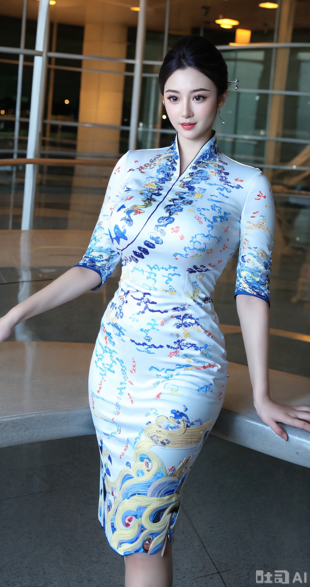 (masterpiece,best quality:1.23),(masterpiece,best quality:1.23)A leggy beauty wearing China Southern Airlines' national - style blue - and - white porcelain cheongsam flight attendant uniform stands in a sunny outdoor garden. The cheongsam is painted with exquisite blue - and - white porcelain patterns, with blue and white colors and fine, smooth lines. The collar is delicate and small, and the cuffs are slightly tightened. She has an oval face, fair skin, slender willow - like eyebrows, bright and energetic eyes, showing professionalism and kindness in her eyes. Her hair is neatly coiled up, revealing her long neck. She is tall with a perfect long - leg proportion. She gracefully holds the hem of her skirt with one hand and the other hand hangs naturally. Beside her are various blooming flowers, with butterflies dancing among the flowers. Behind her is a classical Chinese - style pavilion, and red lanterns are hung on the upturned eaves of the pavilion,,,(huge breasts, full breasts:1.38),Xmoxiongqipao,Xmingzhihanfu,Xsongzhihanfu,XyunxianY,XyunyunXYK,Xqhcqipao