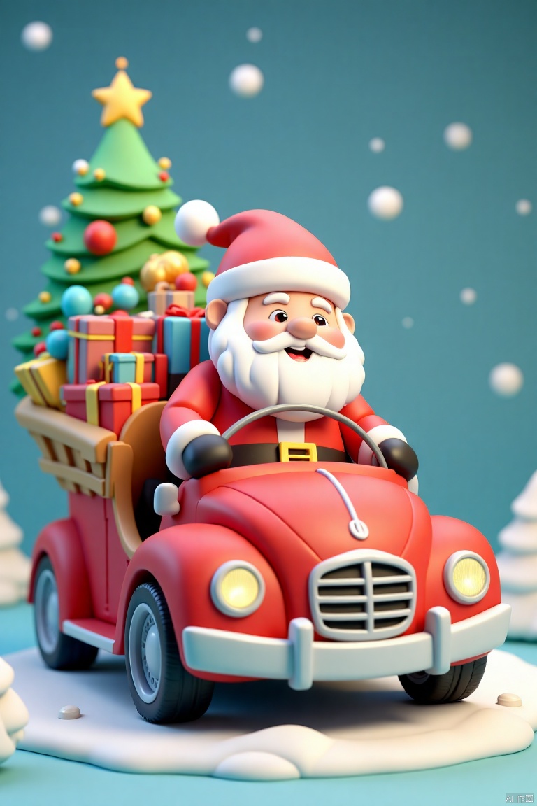 A Santa Claus is riding a Christmas car in the air with many Christmas gifts, 3D clay, 3D clay, icon, kawaii