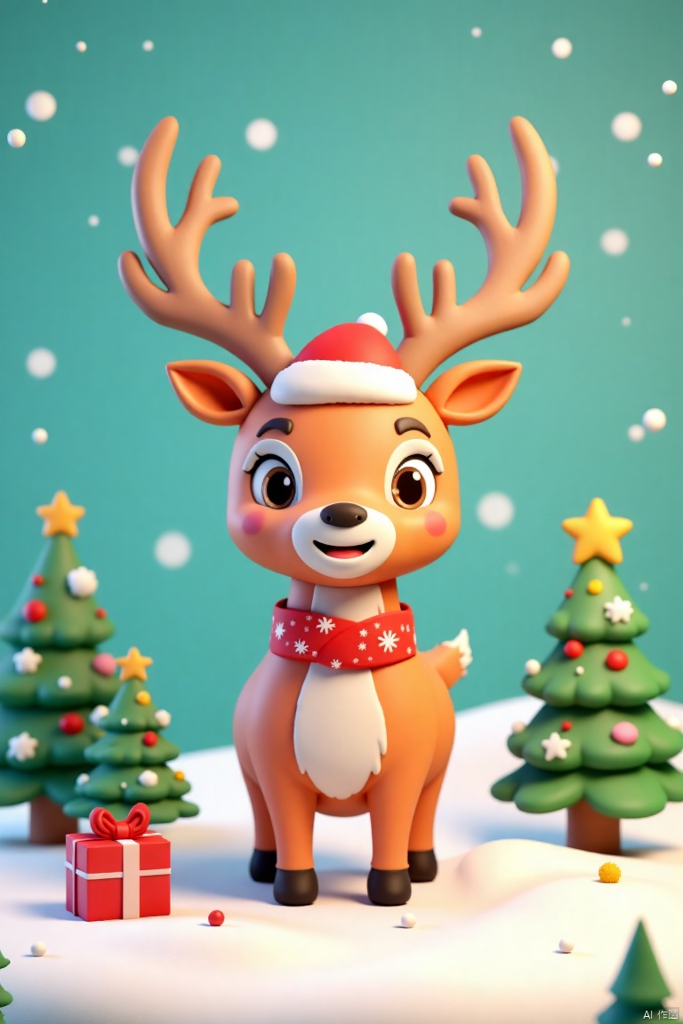 Christmas style poster with a Christmas elk, 3D clay, icon, kawaii