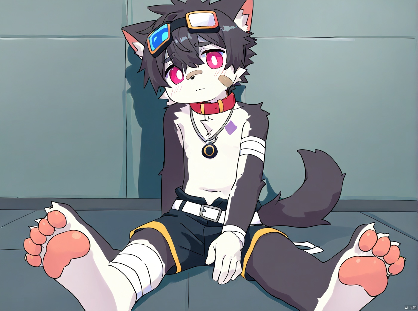 solo,male_child,(shota:1.25),vup-yz,vup-yz face,vup-yz hair,vup-yz animal_ears,vup-yz tail,BREAK, vup-yz bandage_on_arm,vup-yz necklace,vup-yz open_clothes,vup-yz shorts_and_belt,vup-yz bandage_on_feet,BREAK, (prefect_foot,prefect_hands,prefect_eyes:1.05), wide_shot,[looking at viewer], sit,confused,head tilt,feet focus,BREAK, score_9,score_8_up,score_7_up,score_6_up,score_5_up,source_anime,anime_screencap,vup-yz bandage_on_chest,Akira,Glitch,body fur,furry