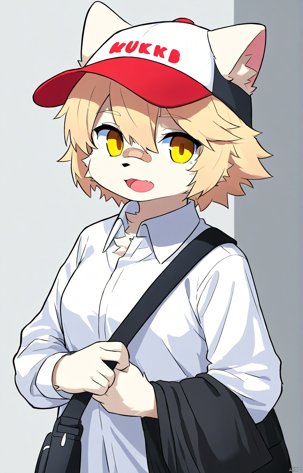 1girl, solo, looking at viewer, short hair, open mouth, blonde hair, shirt, long sleeves, hat, hair between eyes, yellow eyes, upper body, collared shirt, bag, bandaid, baseball cap,body fur,furry