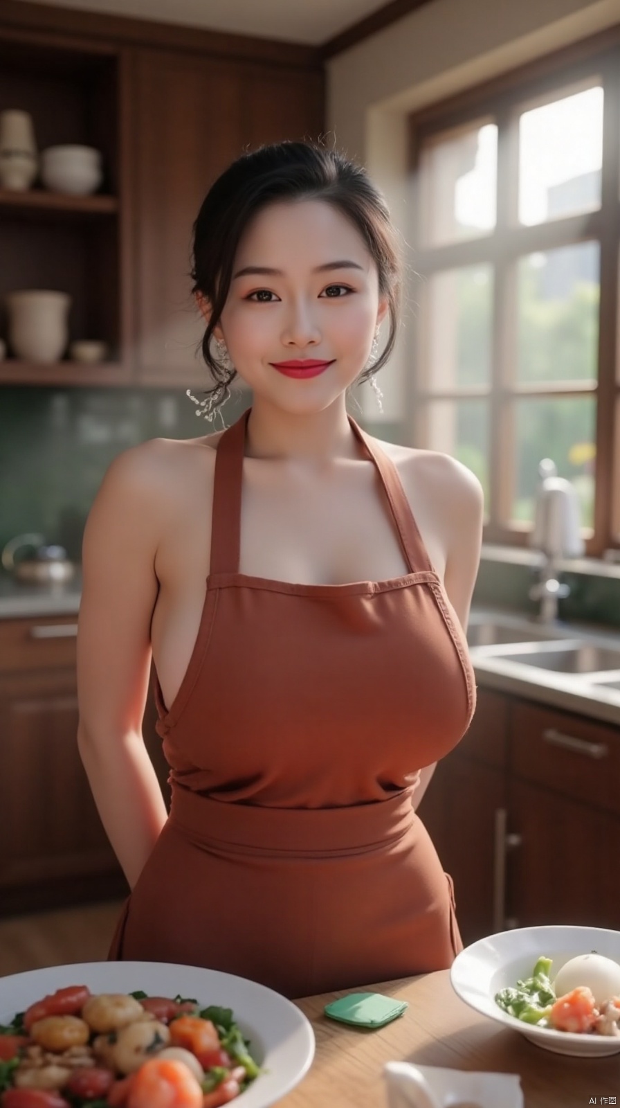 Here is a prompt for a beautiful CG image:

Create an extremely detailed and beautiful masterpiece of a young girl, standing alone in her kitchen, wearing a Zongzi apron and a warm smile. Her short hair frames her small head and slender face, adorned with exquisite makeup. She stands with perfect posture, hands behind her back, surrounded by a table filled with sumptuous dishes. The sunlight pours in from the front, highlighting the plump curves of her upper body and casting permanent shadows on her flawless white skin. Her big breasts are prominent, yet tasteful. The indoor setting is cozy and inviting, with a detailed background featuring a summer day view outside. Capture this moment in super high resolution (8k) for an unforgettable wallpaper.