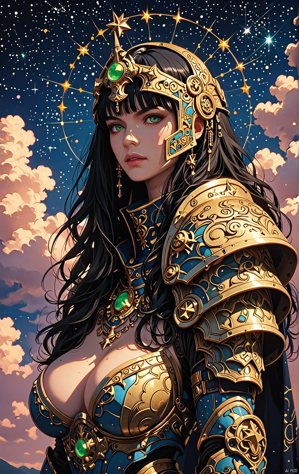 This is a digital painting by artist Chaoji,  showcasing a young woman with pale skin and piercing green eyes. She wears o...