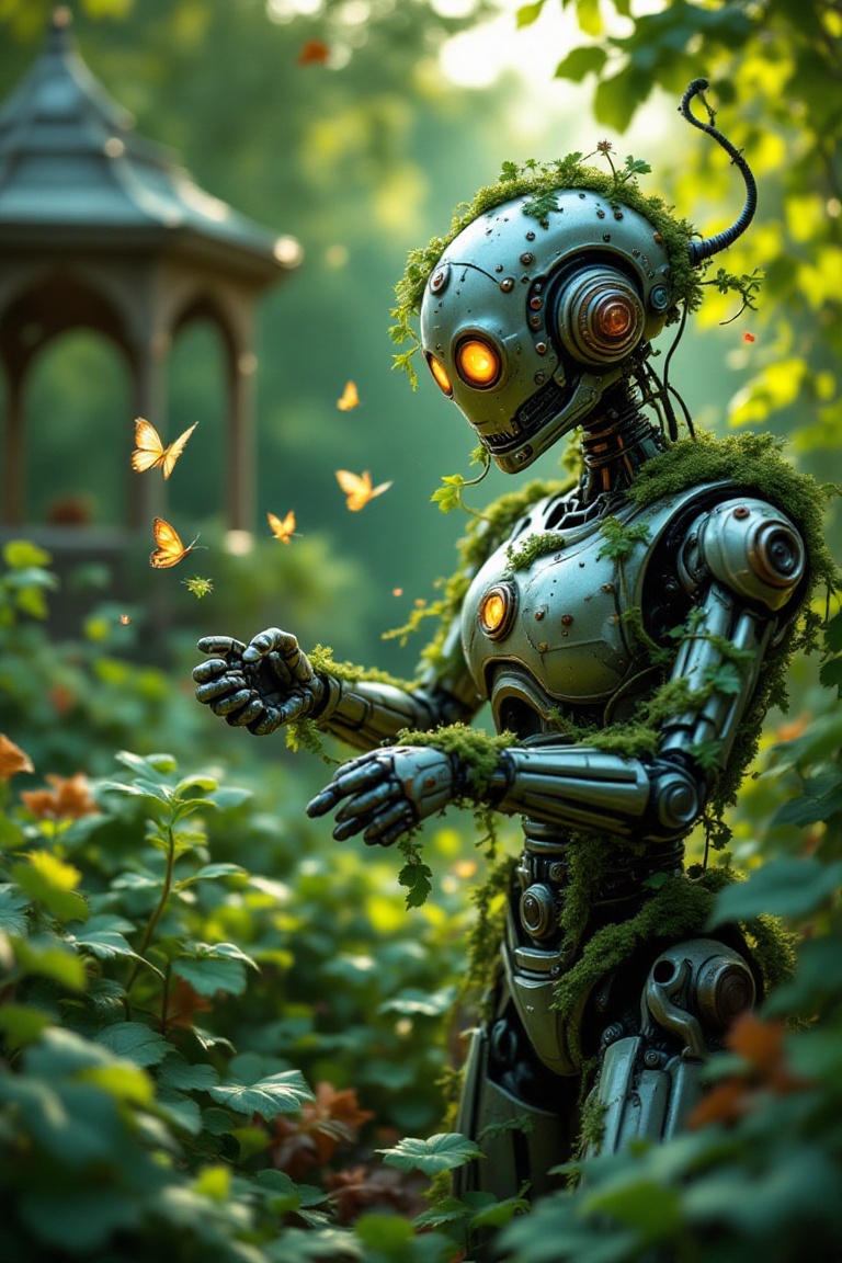 Draw an old gardener robot in an overgrown garden: his arms are tools,  secateurs,  ivy and moss have sprouted on his chas...