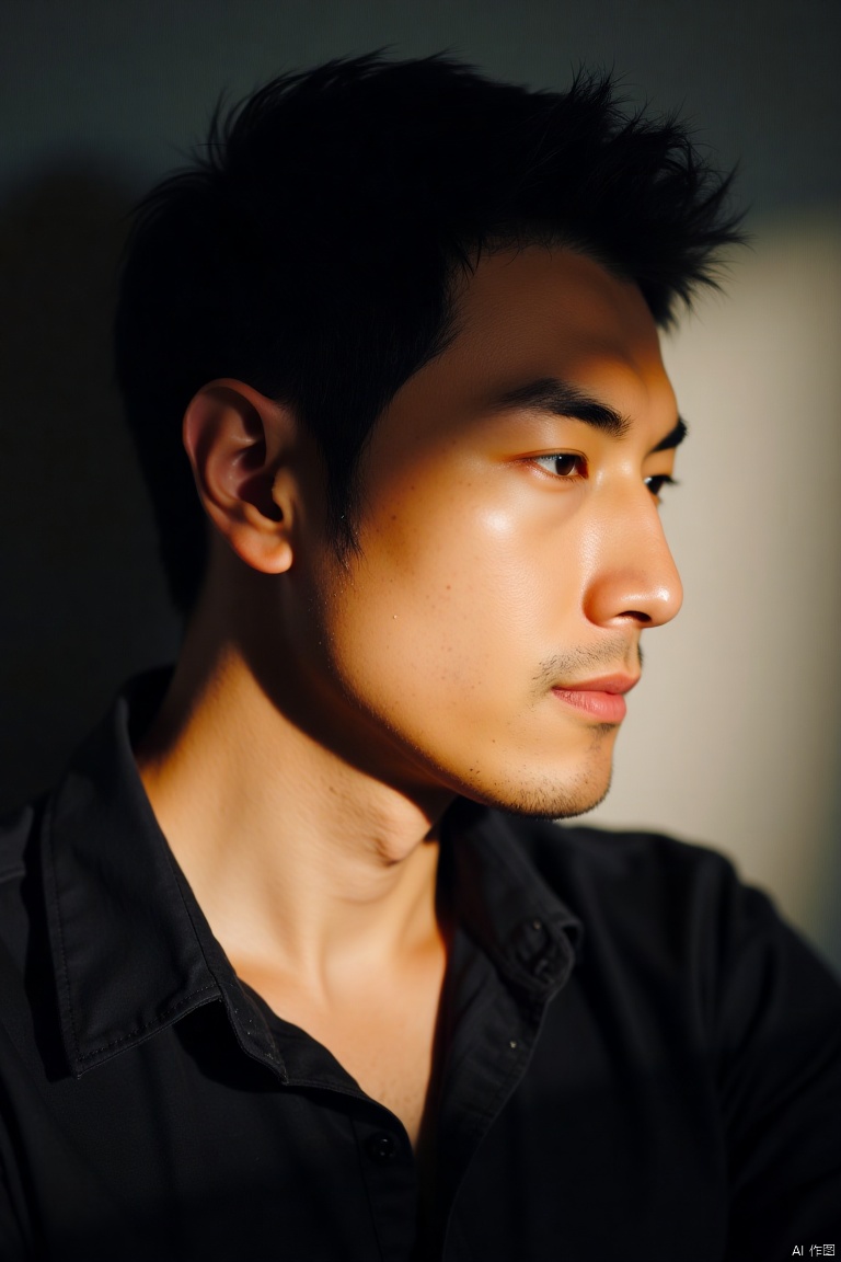 1man,handsome,solo,Asian portrait. It's a portrait of a person with short black hair, part of which is illuminated by a narrow beam of light. ,masterpiece,realistic,best quality,highly detailed,highres,jzns,xua