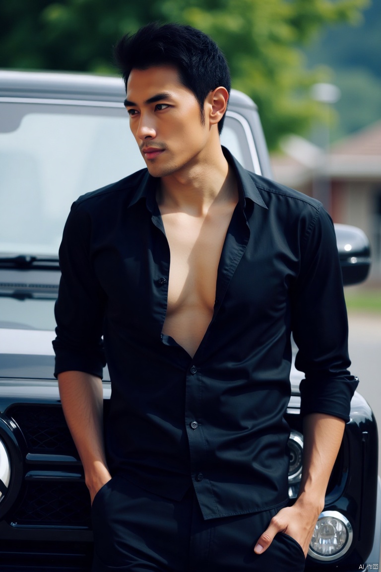 A picture of a man and a soprt car,male focus,solo,hansome,charming,muscular,realistic,pectorals, black shirt, open shirt, black pants, chest hair, full body,masterpiece,realistic,best quality,highly detailed,highres,jzns,xua