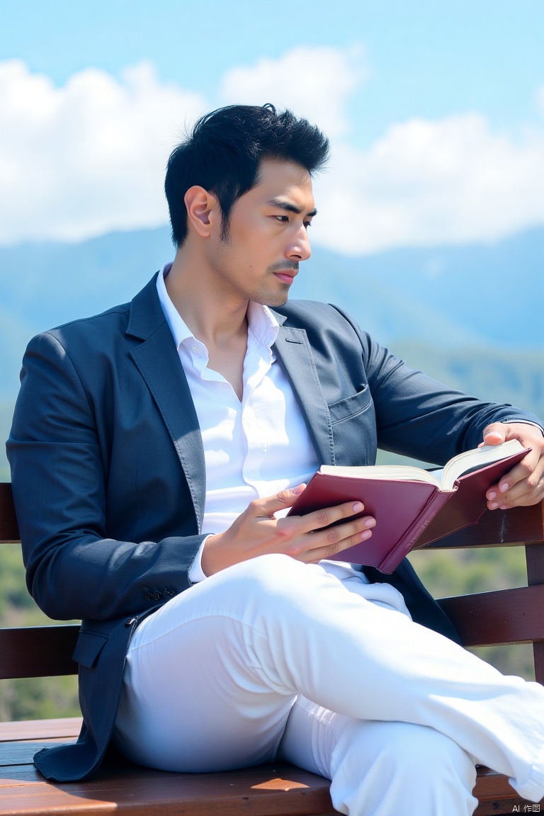 jzns,xua,1man,male focus, solo, reading, short hair, shirt, white shirt, sitting, pants, book, black hair, very short hair, holding book, day, sideburns, holding, outdoors, crossed legs, jacket, white pants, mountain,masterpiece,realistic,best quality,highly detailed,highres, 