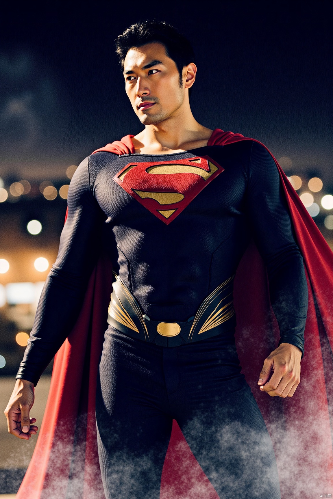 jzns,1man,superman,male focus,asian,exquisite facial features,handsome,muscular,superman clothes,Dynamic pose,full body, looking at viewer,romantic realism, atmospheric,city,night,perfect background, magnificent,masterpiece, realistic, best quality, highly detailed,profession, award winning artwork,ink wash painting background,xua