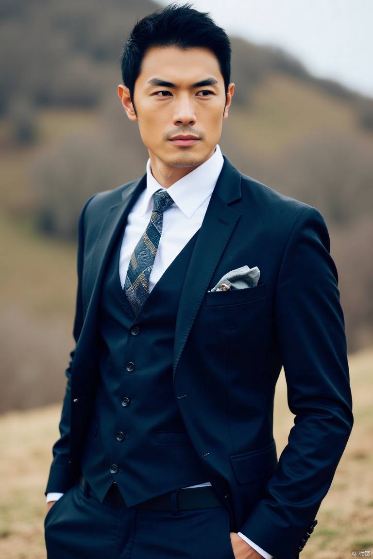 A picture of a man,male focus,solo,hansome,charming,muscular,realistic,pectorals,suit,shirt,necktie,pants,outdoors,model pose,masterpiece,realistic,best quality,highly detailed,highres,jzns,xua