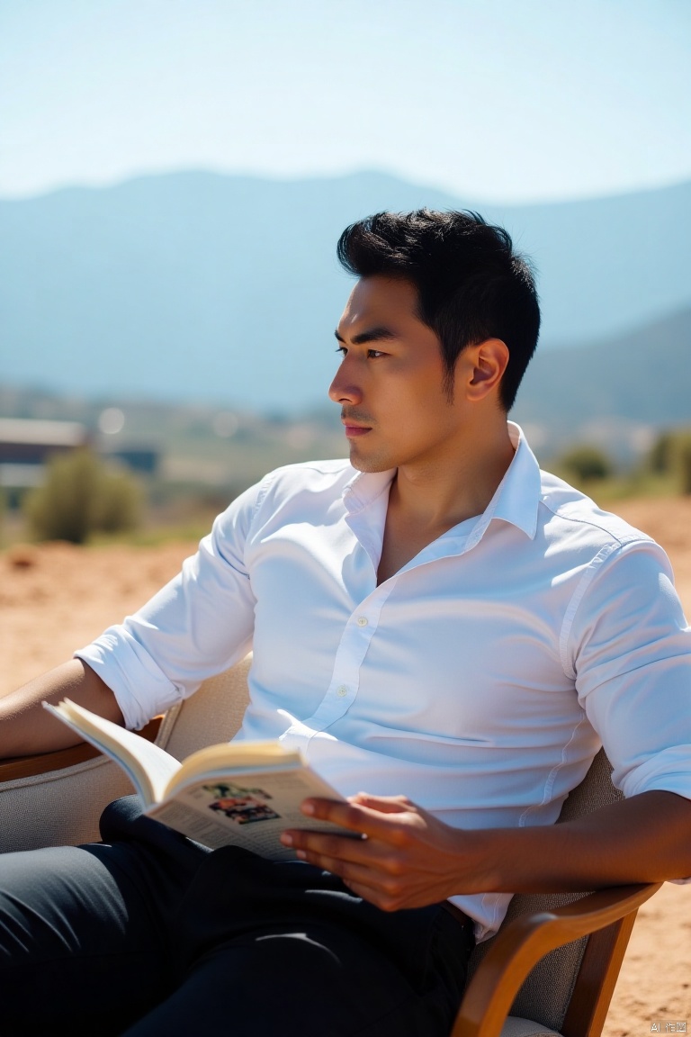 A picture of a man,male focus,solo,hansome,charming,muscular,realistic,pectorals,shirt,pants,background light,sitting,chair,reading,dust,outdoors,mountain,sky,masterpiece,realistic,best quality,highly detailed,highres,jzns,xua