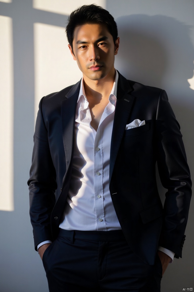 A picture of a man,male focus,solo,hansome,charming,muscular,realistic,pectorals,suit,shirt,necktie,pants,background light,model pose,looking at viewer,masterpiece,realistic,best quality,highly detailed,highres,jzns,xua