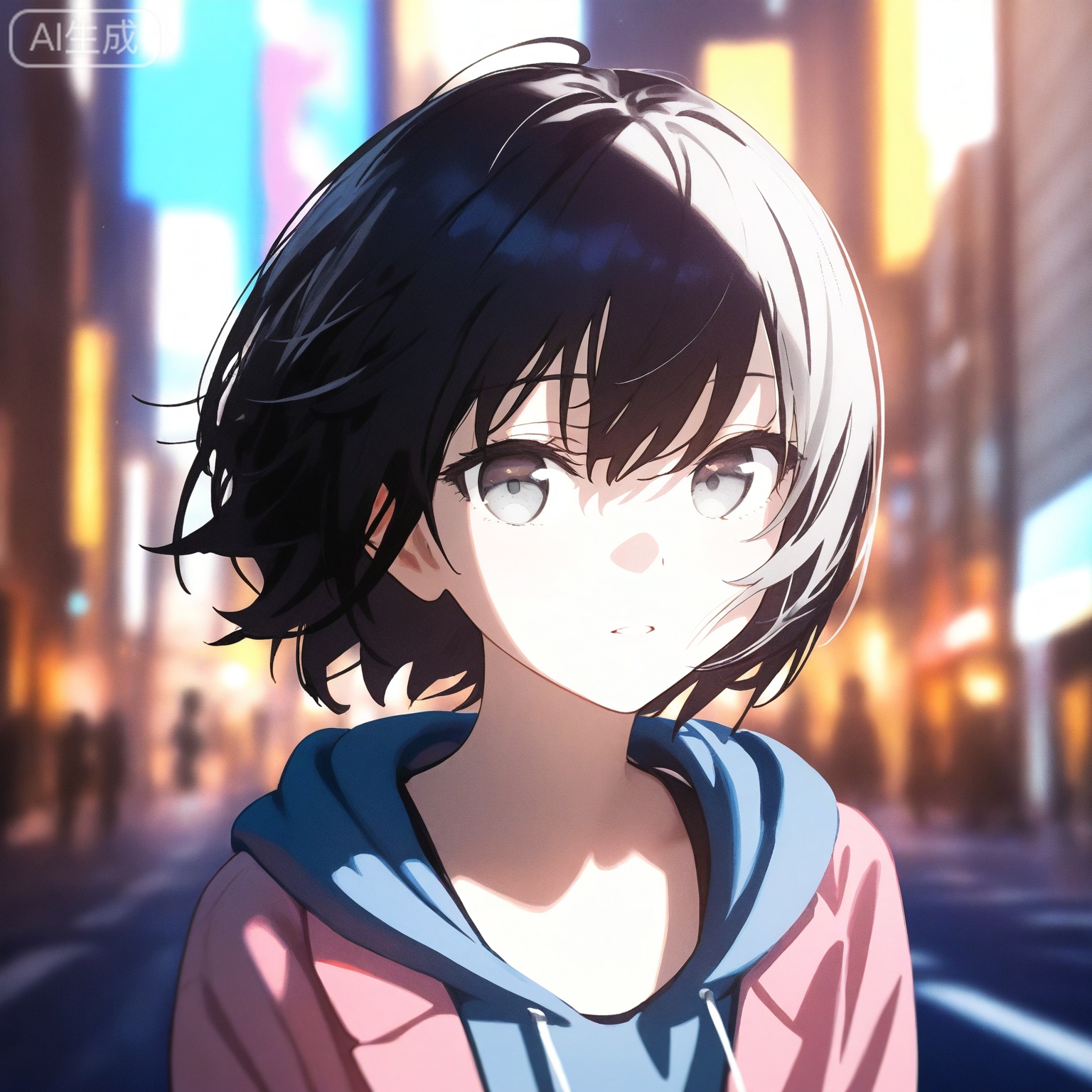1girl, solo,
young_girl,
short_hair, black_hair, grey_eyes,
upper_body, portrait, head_and_shoulders,
hoodie, casual_style,
looking_at_viewer, relaxed_expression,
city_background, street,
natural_light,
depth_of_field, blurry_background,
anime_style, high_detail, masterpiece