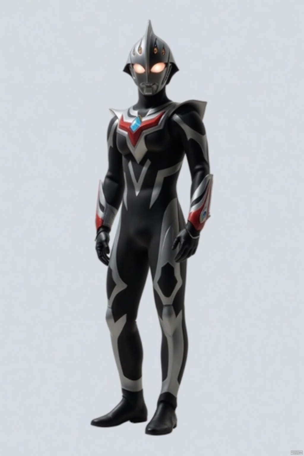 (grey background:1.2),(SOLO:1.4),outline,simple background,(((,standing,looking at viewer,arms at side))),ultraman_nexus,,ultraman,black bodysuit,black gloves,legwear,gloves,boots,cover,mask,plugsuit,armor,bodysuit,black tight-fitting,black footwear,helmet,leather suit,latex,tokusatsu,no humans,science fiction,hard mask,no smile,no eyes,no nose,solo,black rubber bodysuit ,(((black head,red eyes)))