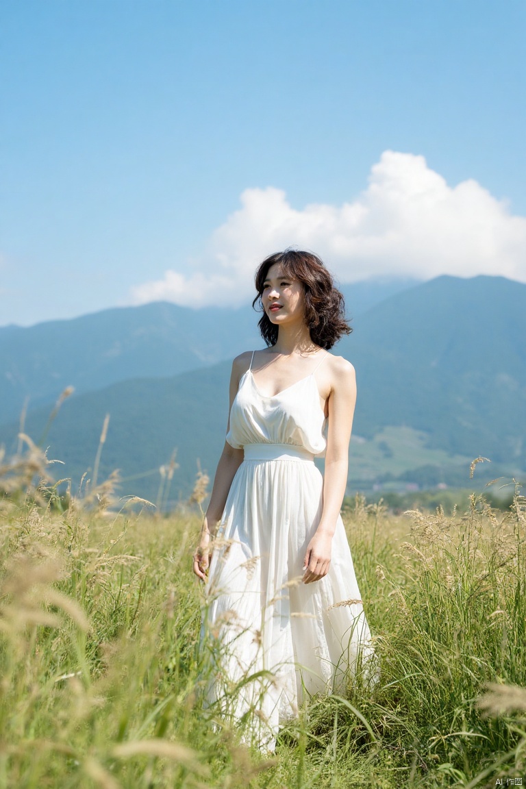 nuanyang,a girl,masterpiece,best quality, high quality,8k,highres,
nuany, a girl, The image shows a young woman standing in a field of tall grass, She is wearing a long white dress with a low neckline and thin straps, Her hair is styled in loose waves and she is looking off into the distance with a slight smile on her face In the background, there is a mountain range with a cloud of smoke rising from it, The sky is blue and the overall mood of the image is peaceful and serene.