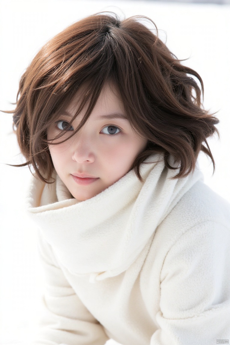 nuanyang,a girl,masterpiece,best quality, high quality,8k,highres,
a close-up shot captures a young girl with brown hair and blue eyes. She is wearing a white hooded sweatshirt wrapped around her neck and shoulders. Her hair is pulled back in a braid, adding a touch of warmth to her face. The backdrop is a stark white, creating a stark contrast to the girl's brown hair.

