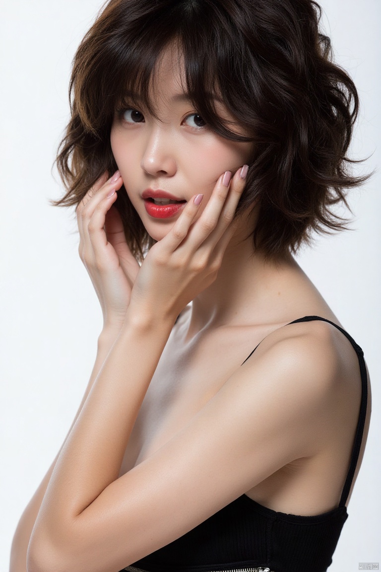 nuanyang,a girl,masterpiece,best quality, high quality,8k,highres,
a close-up shot of a young Asian woman with dark brown eyes and dark brown hair stands in front of a dark backdrop. Her face is angled slightly to the left, with her left hand resting on her chin. Her lips are painted a vibrant red, adding a pop of color to her face. Her eyes are a piercing blue, and her lips are a darker shade of red. Her hair is pulled back, framing her right shoulder. She is wearing a black bra with a zipper draped across her chest. Her left hand is draped over her left shoulder. The backdrop is a stark white, creating a stark contrast to the woman's face.



